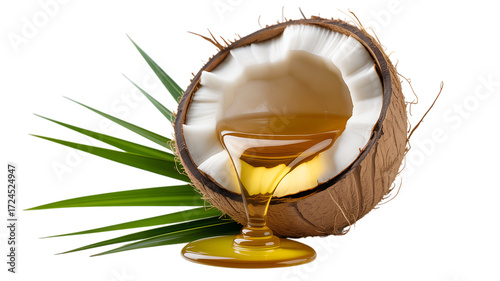 Fresh coconut oil pouring from halved coconut exotic tropical ingredient for healthy living and beauty illustration