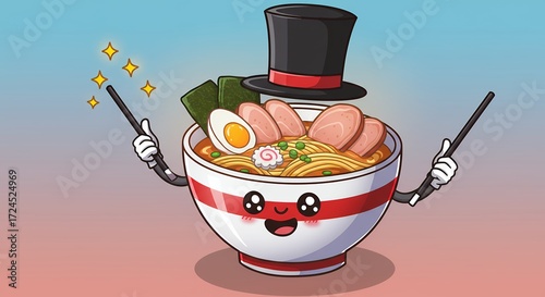 Cute cartoon ramen bowl with magic wands