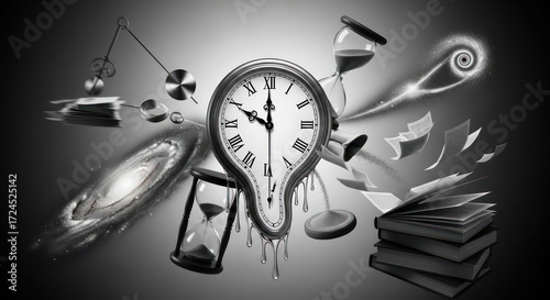 Surreal Time: Melting Clock, Hourglasses, and Flying Books in a Cosmic Dreamscape