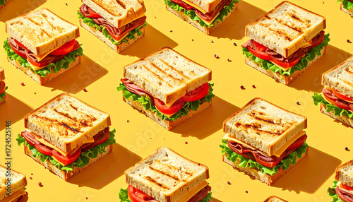 Deliciously Crafted Grilled Sandwiches with Fresh Fillings, Forming an Engaging and Vibrant Pattern on a Sunny Yellow Backdrop, Ideal for Culinary Themes