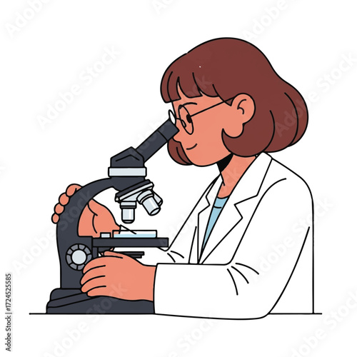 An illustration of a female scientist in a white lab coat looking through a microscope, conducting research or analysis.