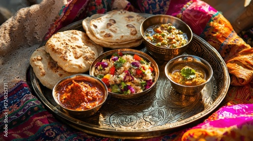 Rajasthani Thali with Traditional Indian Breads and Spiced Dishes on Engraved Brass Tray at Colorful Village Festival