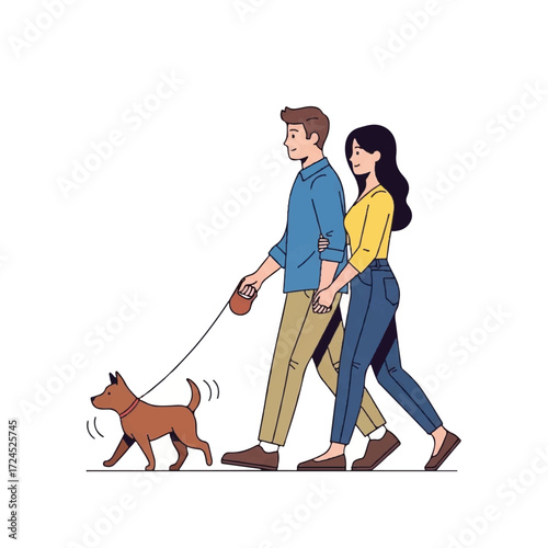 Young couple walking together with a dog on a leash.