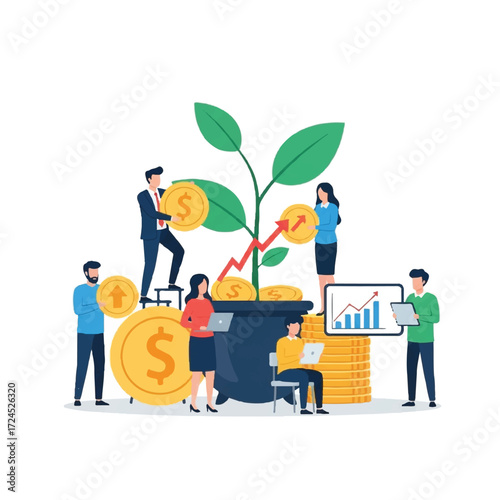 Business people working together around a growing investment.