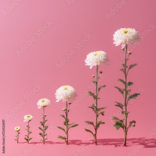 White chrysanthemums in a growth sequence against a pink backdrop