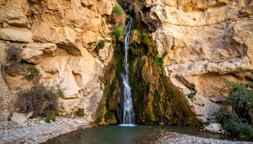 Waterfall cascading down a rocky canyon