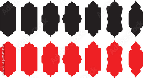 Islamic arch, frame, border, architectural element, decorative, ornate, traditional, pattern, design, graphic, vector, silhouette, black, red, contrast, symmetrical, repeated, Islamic architecture, wi