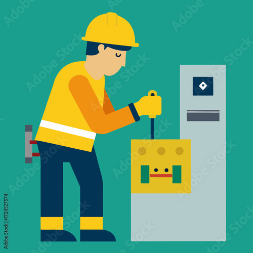 Man operating electrical switch with helmet on transparent background