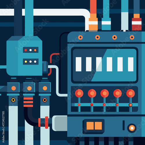 Illustration of a complex machine system on transparent background