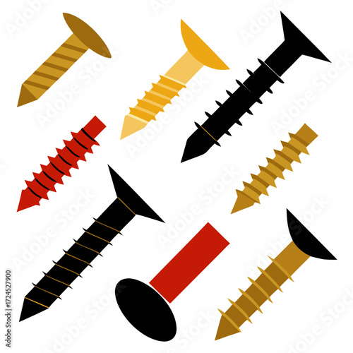 Illustration of assorted colorful screws on transparent background
