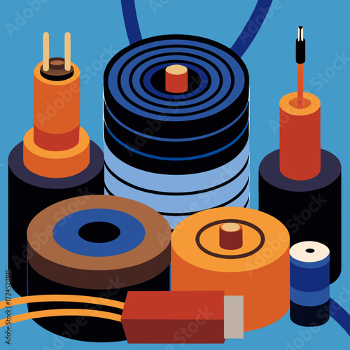 Isometric view of assorted cable spools on transparent background