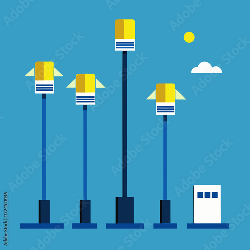 Illustration of stylized street lamps scene on transparent background
