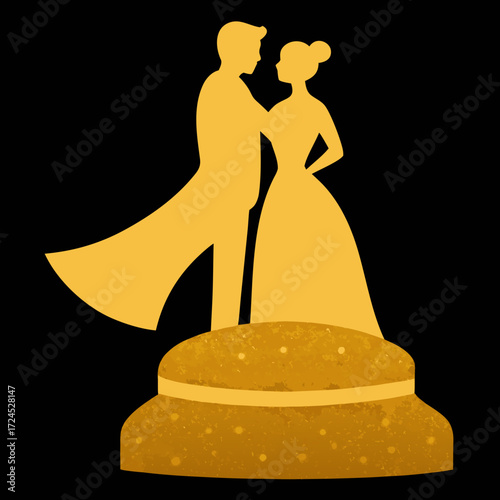 Golden wedding cake topper silhouette art on transparent background