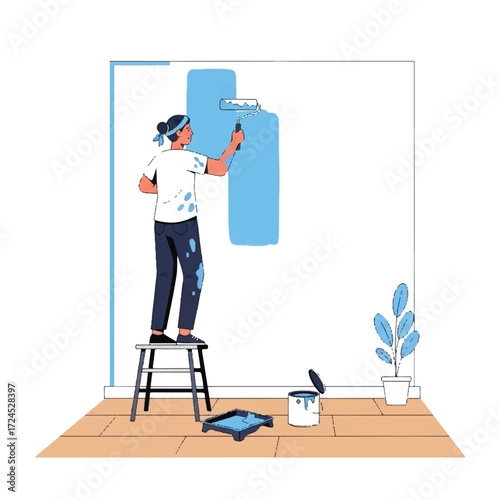 Person painting a wall blue using a paint roller.