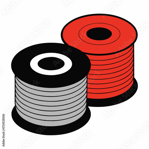 Two spools of wire in red and gray colors on transparent background