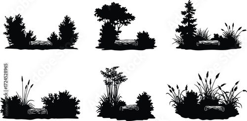 Forest bushes with tree logs, wild grass and plants silhouette, outdoor woodland scenery, CAD drawing sketch style, flat black vector illustration artwork