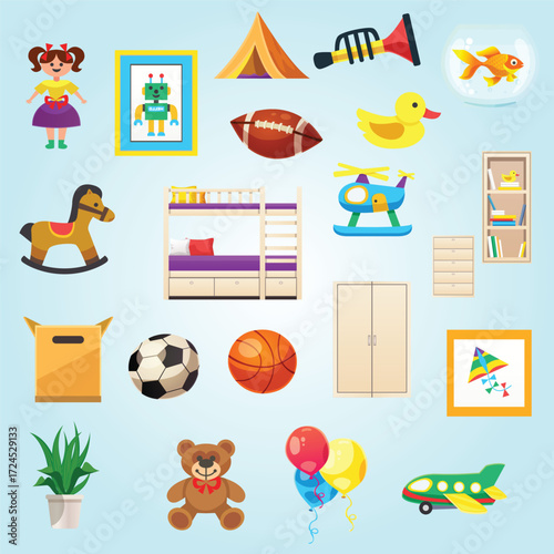 Flat Style Playful Children Room Interior Object Collection Element Set