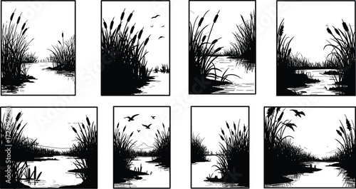 River reeds and marsh plants silhouette illustration with wetland scenery, lake shore nature view, CAD sketch style, flat black vector artwork design