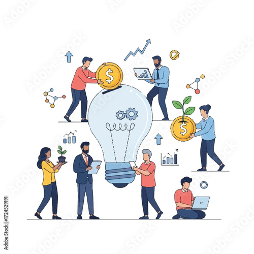 Teamwork and Innovation Surrounding a Light Bulb with Coins and Growth Symbols.