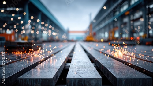 Cinematic HDR Image of Welding Sparks in Industrial Factory with Metal Beams and Blue Tones
