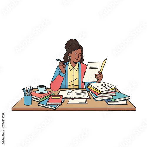 Illustration of a woman studying with books and a cup of coffee on a desk.