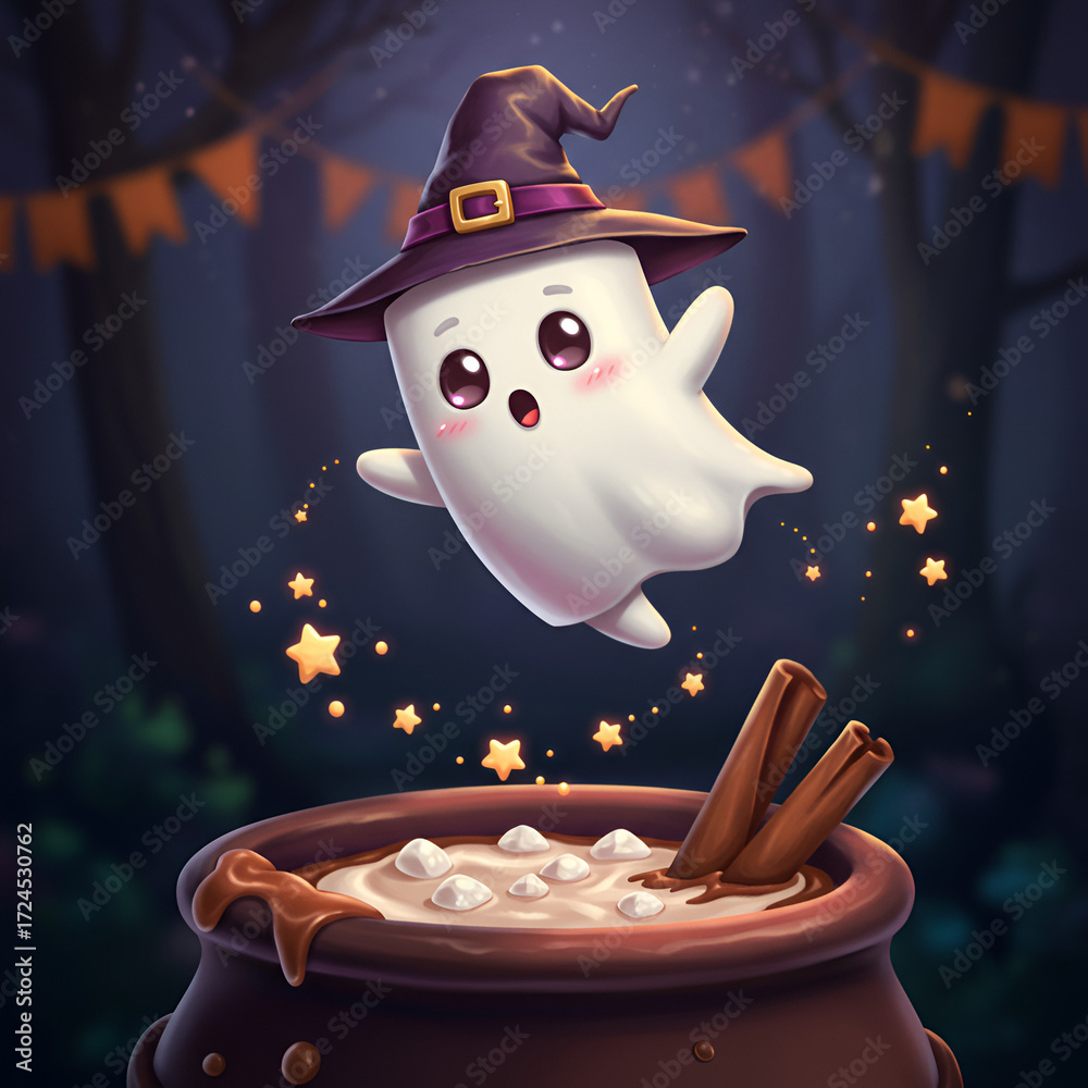 Naklejka premium A cute ghost in a witch hat floats above a cauldron of hot chocolate, marshmallows, and cinnamon, celebrating the whimsical spirit of Halloween.
