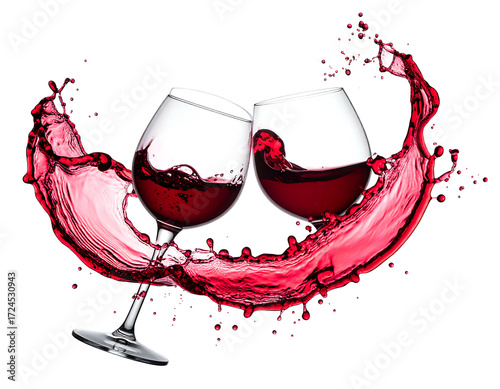 Two wine glasses clinking, red wine splash