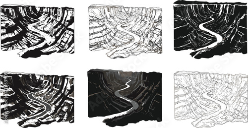 Canyon river landscape illustration, black and white line art drawing, winding river through rocky cliffs, detailed CAD sketch, vector minimal flat design