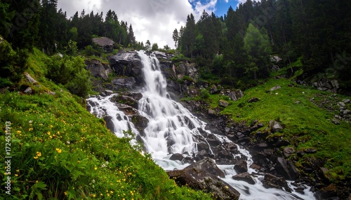Waterfall cascading down rocky mountainside, lush greenery
