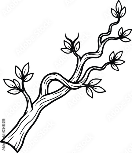Vector stylized tree branch with leaves minimalist silhouette design