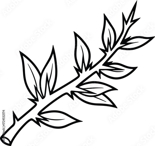 Vector thorny branch with leaves simple botanical silhouette design