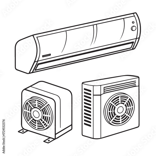 Illustration of an air conditioning system isolated on white background, showcasing the indoor unit and two outdoor units, ideal for depicting climate control or home appliances in a minimalist style