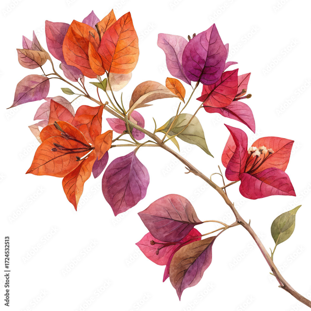 Fototapeta premium Watercolor Painting of Orange and Red Bougainvillea Flowers and Leaves floral plant isolated on a transparent background