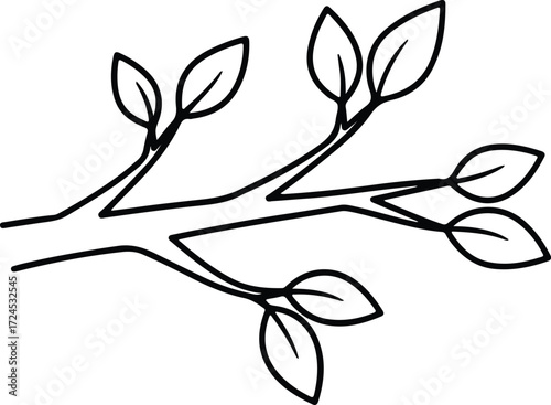 Vector tree branch with leaves simple black line silhouette design