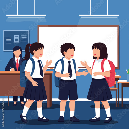 Three young students in school uniforms converse in a classroom.