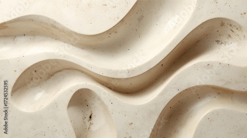 Abstract beige stone surface with smooth carved wavy lines and round holes creating modern minimal artistic texture, natural material design perfect for background, architecture and decoration
