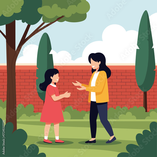A mother and daughter are playing a game together in the garden.