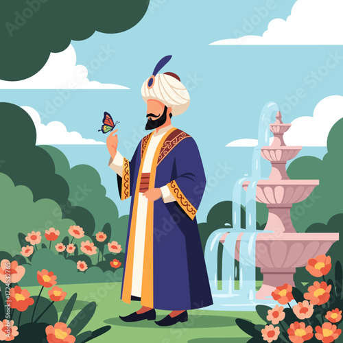 An Ottoman gentleman in a lush garden admires a butterfly near a fountain.