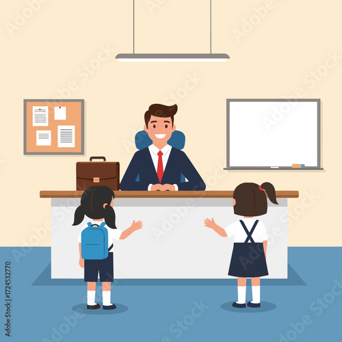 Students greet the school principal at his office desk.