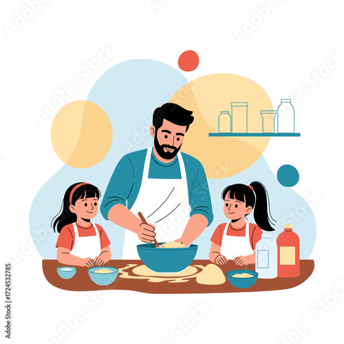 A father and two daughters happily baking together in the kitchen.