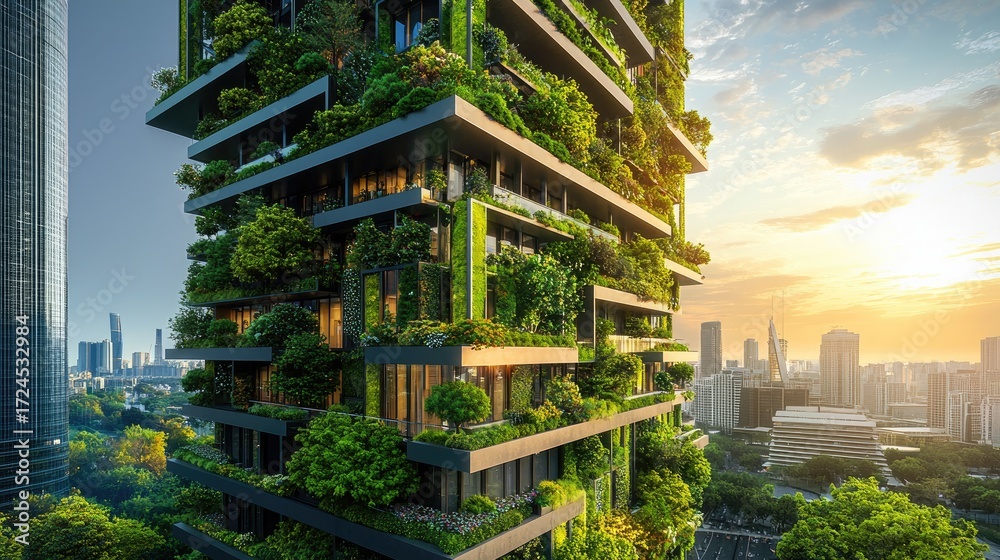 Obraz premium Green skyscraper with vertical gardens, tree-lined terraces, and clean energy concept