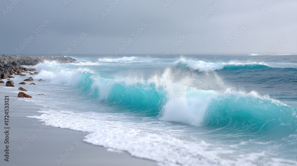 Fototapeta premium Cinematic Ocean Wave Crashing on Sandy Beach Under Stormy Sky with Rocky Breakwater, Turquoise Water and White Foaming Swirls