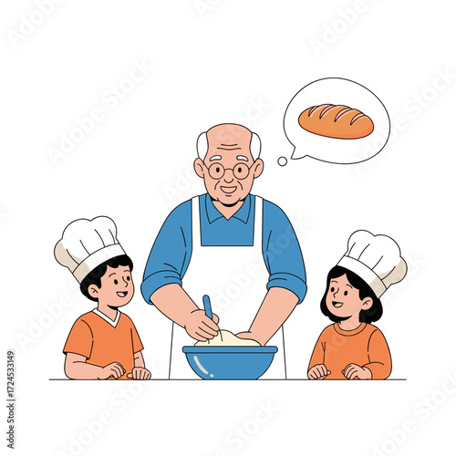 Grandfather teaches grandchildren the art of baking delicious bread together in the kitchen.
