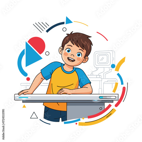 A young boy happily standing behind a desk with colorful abstract shapes and lines in the background.
