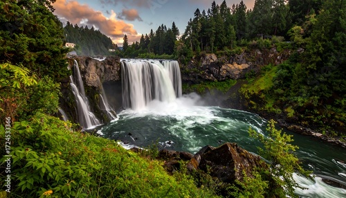 Waterfall cascading into a lush valley at sunrise