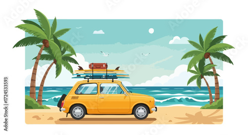 Vector illustration of a vintage yellow compact car with surfboards and suitcases tied on the roof, parked near a tropical beach. Palm trees, waves, and seagulls in the background