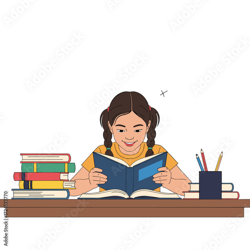 A young girl with braided hair happily reads a book while sitting at a wooden desk.