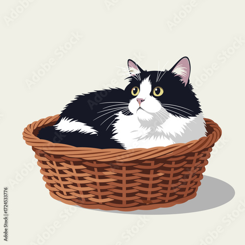 A fluffy black and white cat is comfortably nestled inside a woven basket.