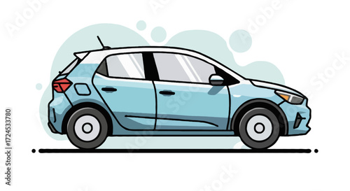 Flat vector side profile of a modern hatchback car, painted in pastel blue with white roof, bold black outlines, simplified geometric details, minimal retro shading, abstract circle background