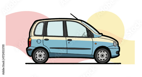 Flat vector side profile of quirky Fiat Multipla, two-tone blue and cream colors